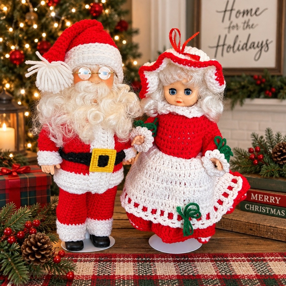 Vintage Handmade Crochet Santa & Mrs. Claus Dolls Christmas Decor 14–15" Pair